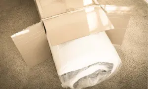 A rolled-up mattress, still in its plastic wrap, sits in an open cardboard box on a carpet. It looks like this left mattress in box too long.