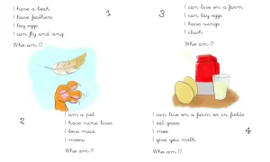 Página con adivinanzas en inglés sobre animales. Se muestran ilustraciones de una pluma y una pata de gato, y de huevos, leche y una caja de leche.