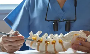 Lekarz w niebieskim fartuchu pokazuje model kręgosłupa, wskazując na jeden z kręgów.