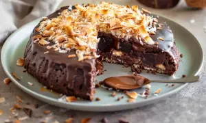 En saftig kladdkaka med kokostosca, toppad med rostad kokos och chokladglasyr. En sked med chokladsås ligger bredvid.