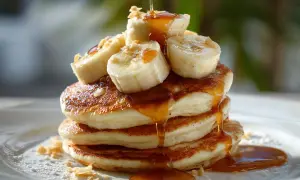 En hög med fluffiga bananpannkakor toppas med bananskivor och sirap. Ett perfekt bananpannkaka recept för en mysig frukost.