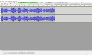 Nagrywanie dźwięku z komputera w programie Audacity. Widoczne dwie ścieżki audio z falami dźwiękowymi.