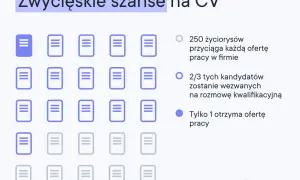 Wizualizacja pokazuje, jak kluczowe są **zainteresowania w CV**. Tylko 1 z 250 życiorysów przyciąga ofertę pracy, a 2/3 kandydatów zostaje wezwanych na rozmowę.