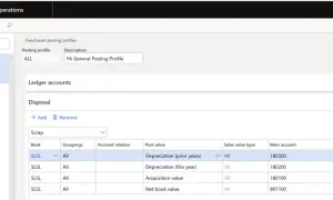 Konfiguracja księgowania likwidacji środka trwałego w Dynamics 365. Widok zawiera profile księgowania, konta księgowe i szczegóły dotyczące likwidacji.