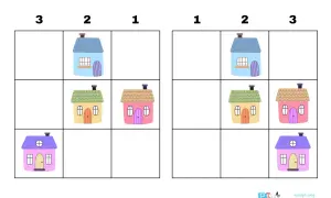 Ficha simetría: dos cuadrículas con casas de colores. Busca la diferencia en la disposición de las casas.