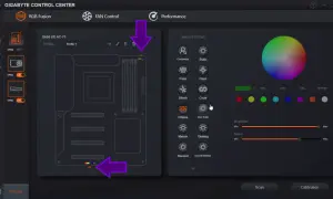 Interfejs RGB Fusion 2.0 pozwala na dostosowanie podświetlenia płyty głównej. Widoczne są opcje efektów LED, koło kolorów i suwaki jasności.