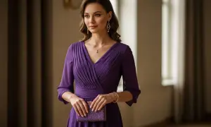 Elegancka kobieta w fioletowej sukience, z błyszczącą kopertówką i biżuterią. Idealne dodatki do fioletowej sukienki.