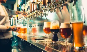 Vari tipi di bicchieri e il loro uso per degustare birre artigianali. Un barista con tatuaggi serve una birra dorata.