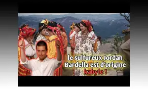 Jordan Bardella, d'origine kabyle, est mis en avant face à des femmes en tenues traditionnelles.