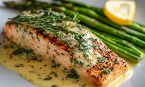 En saftig laxfilé med citronsås, toppad med färska örter, serveras med gröna sparris och en citronskiva.