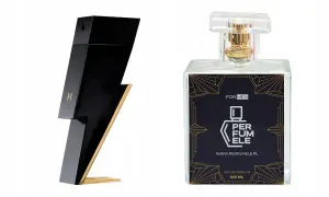 Czarny flakon perfum w kształcie pioruna Carolina Herrera obok prostokątnej butelki z etykietą Perfumele.