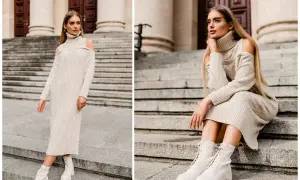 Elegancka sukienka swetrowa z golfem i wycięciami na ramionach, w beżowym kolorze, idealna na jesienne spacery.