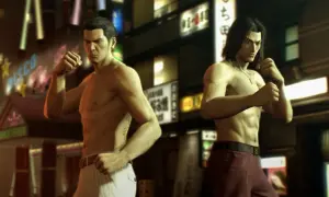 Dwóch mężczyzn w pozycji bojowej na tle neonów. Kiryu i Nishikiyama gotowi do walki w Yakuza 0 spolszczenie.