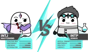 INTJ Mastermind vs INTP Genius. Postać INTP, geniusz, w białym fartuchu laboratoryjnym, trzymająca kolbę.