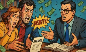 Coppia scioccata davanti a un notaio che parla di "DEBITI!" e "EREDITÀ". Soldi volano, suggerendo una situazione finanziaria complicata dopo quanto tempo il notaio chiama gli eredi.