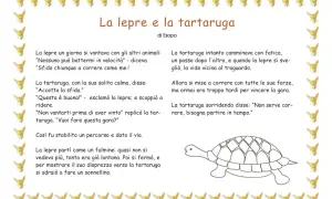 Storie per la nanna da leggere: la lepre si vanta, la tartaruga accetta la sfida e vince. Illustrazione con lepri e tartaruga.