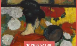 Józef Pankiewicz obrazy: kobieta w czerwonej kimonie wśród bujnych, kolorowych kwiatów.