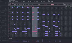 Sekwencer muzyczny "Cacophony" z piano roll, gdzie widać kolorowe bloki nut. To jest kakofonia dźwięków, które można edytować.
