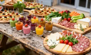 Un apéro maison convivial avec des verrines colorées, fromages, charcuteries et crudités sur une table en bois rustique.