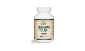 Biała butelka suplementu diety Chrom Picolinate 1000 mcg. Zastanawiasz się, o jakiej porze przyjmować chrom?
