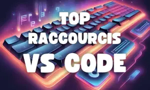 Clavier futuriste illuminé, texte "TOP RACCOURCIS VS CODE" en gros caractères blancs.