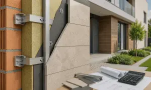 Detalle constructivo de una fachada ventilada, mostrando ladrillo, aislamiento, estructura metálica y revestimiento cerámico. Planos y calculadora sugieren el diseño.