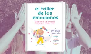 Libro "El taller de las emociones" con actividades para educar y acompañar. Niños cubren sus ojos con manos dibujadas.
