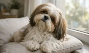 Uroczy shih tzu z długimi, jedwabistymi włosami, które przypominają ludzkie, leży na poduszce.