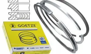 Różne rodzaje pierścieni tłokowych Goetze, w tym rysunki przekrojów i zestaw pierścieni w opakowaniu.