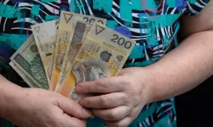 Dłonie trzymają polskie banknoty 100 i 200 zł. Może to być pomoc finansowa, np. specjalny zasiłek opiekuńczy.