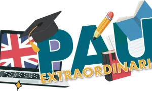 ¡Prepárate para el examen selectividad inglés! Un portátil con la Union Jack, birrete, libros y un lápiz gigante forman la palabra PAU EXTRAORDINARIA.