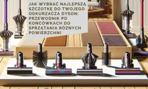 Różne ssawki do odkurzacza Dyson prezentują się obok próbek dywanów.