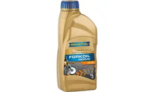 Złota butelka oleju do lag motocyklowych Ravenol Forkoil Medium 10W.