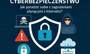 Grafika ilustruje cyberbezpieczeństwo: definicja ochrony przed zagrożeniami online, z ikonami blokady, czaszki i ostrzeżenia.