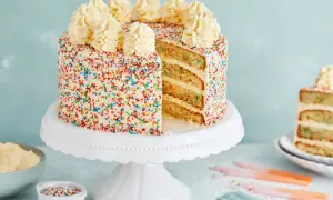 Bunter Geburtstagskuchen mit Streuseln und Sahnetuffs, ein tolles Geburtstagskuchen Rezept.