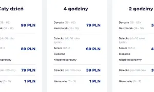 Suntago cennik rodzinny: ceny biletów całodniowych, 4-godzinnych i 2-godzinnych dla dorosłych, nastolatków, dzieci, seniorów i niemowląt.