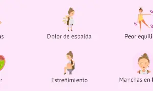 Ilustraciones de síntomas comunes en la semana 24 de embarazo: estrías, dolor de espalda, peor equilibrio, ardor, estreñimiento y manchas en la piel.
