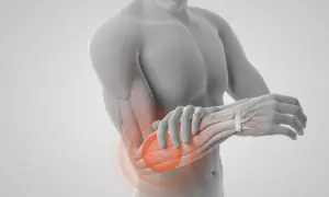 En man håller sin armbåge där muskler underarm visas med smärtcirklar.