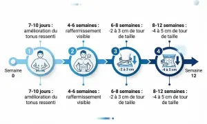 Progression de la perte de centimètres de tour de taille sur 12 semaines. Un contrôle chronotachygraphe de la durée des effets est visible.