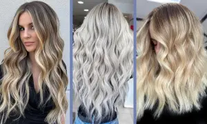 Tre acconciature con capelli beach waves: biondo cenere, biondo miele e castano con riflessi dorati.