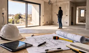Casco, tablet, progetti e metro: ecco cosa serve per ristrutturare casa. Un uomo osserva i lavori in corso.