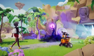 Dziewczyna z plecakiem i robot WALL-E w tropikalnej scenerii gry wideo.