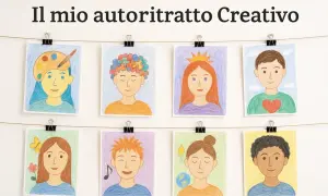 Otto disegni colorati di bambini, ognuno con un simbolo che rappresenta la sua personalità. Un autoritratto creativo di idee e sogni.