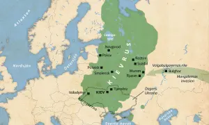 Karta över Kievriket, en viktig del av Ukrainas historia. Området sträcker sig från Östersjön till Svarta havet, med städer som Kiev och Novgorod.