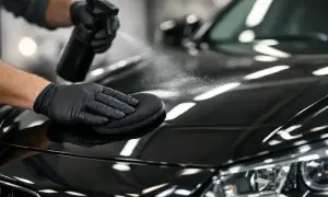 Mani guantate spruzzano prodotto su un'auto nera lucida, pronte a lucidare per un risultato impeccabile.