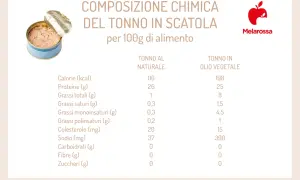 Composizione chimica del tonno in scatola: il tonno in scatola, soprattutto quello sott'olio, presenta un elevato contenuto di grassi e sodio.