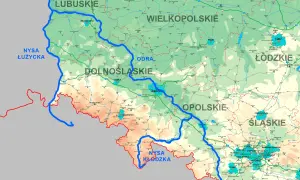 Mapa Polski z zaznaczoną granicą polsko-niemiecką wzdłuż Nysy Łużyckiej i Nysy Kłodzkiej, z widocznymi regionami Dolnego Śląska i Opolszczyzny.