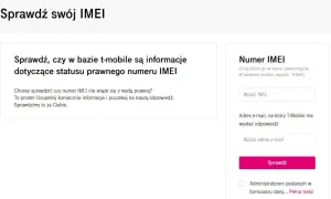 Strona T-Mobile pozwala sprawdzić status prawny numeru IMEI. Wpisz swój numer IMEI i adres e-mail, aby otrzymać odpowiedź.