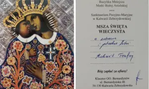 Obraz Matki Bożej z Dzieciątkiem i dokument o mszy wieczystej. Nie ma podanej ceny, ale jest informacja o ofierze.