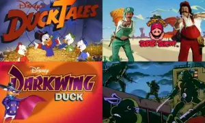 En collage med kända barnfilmer från 90-talet: DuckTales, Super Mario Bros. Super Show!, Darkwing Duck och Teenage Mutant Ninja Turtles.